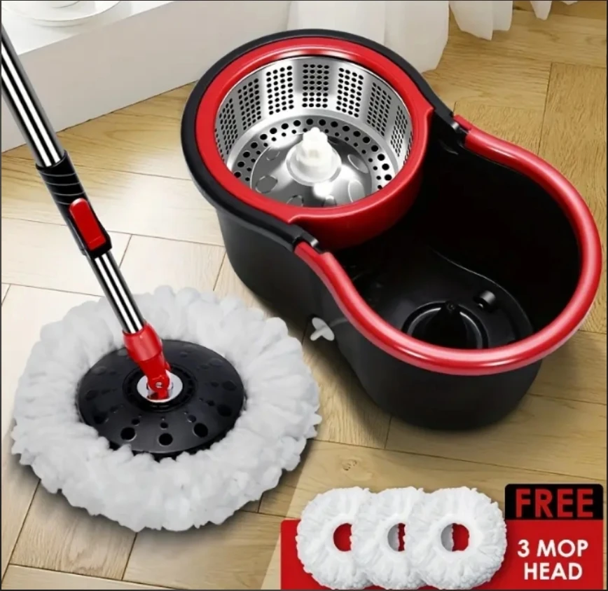 

360 ° Набор для уборки с вращающимся ведром - легкое отжимание двойным приводом, корзина из нержавеющей стали с 3 насадками из микрофибры, удлинитель 61 дюйм