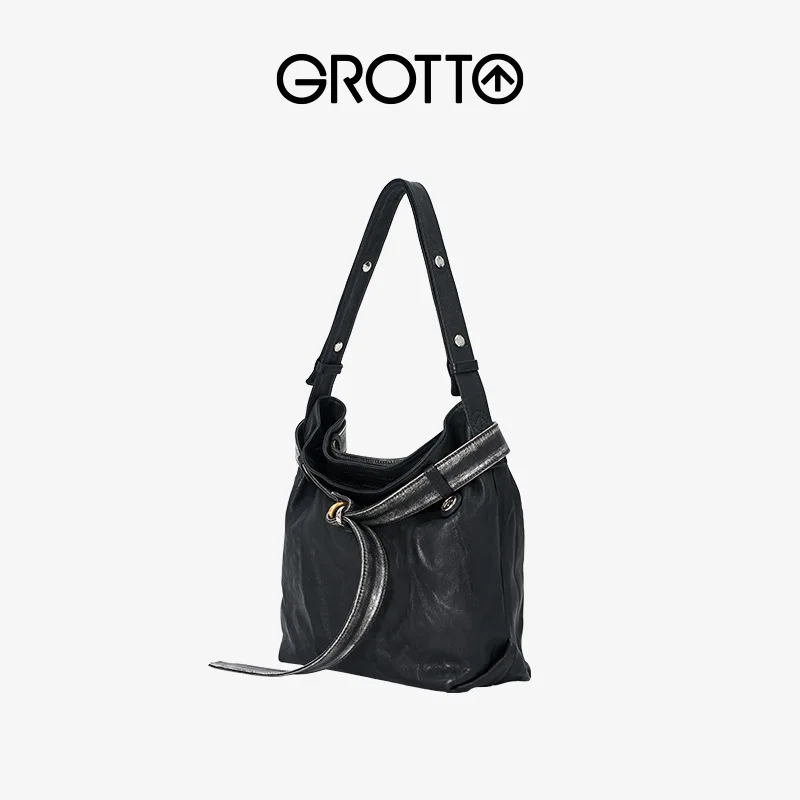 GROTTO 2025 New Style Small Leather Tote Crossbody Shoulder Bag with Wide Shoulder Strap