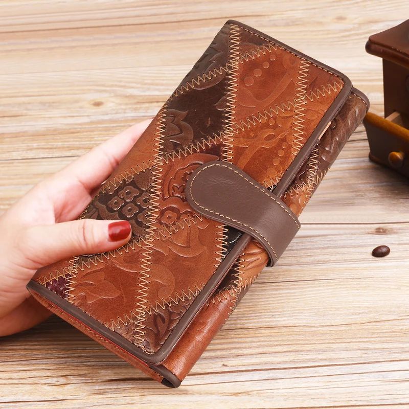 Cobbler Legend New Embossed Floral Woman Wallet Long Cover Purse Ard Holder Phone Bag Retro Ladies Purses Cowhide Wallets