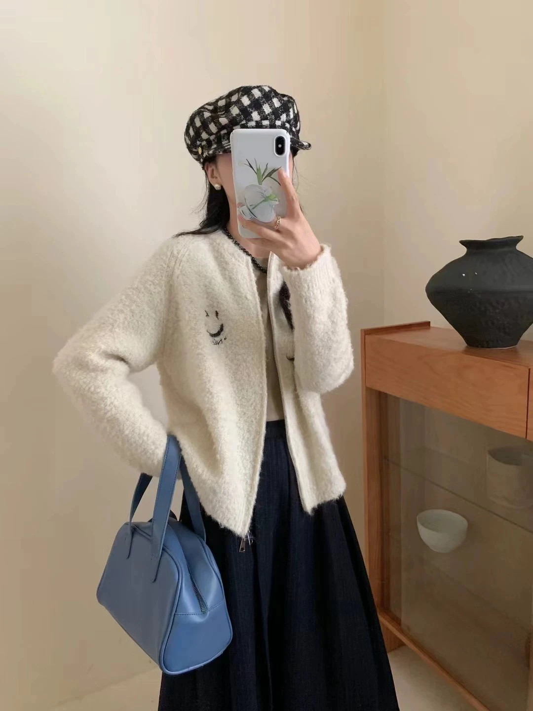 

Korean Sle Heavy Work Face Knitted Open Cardigan Spring Autumn Season Embroidery Pattern Long Sve Loose Fit Coat