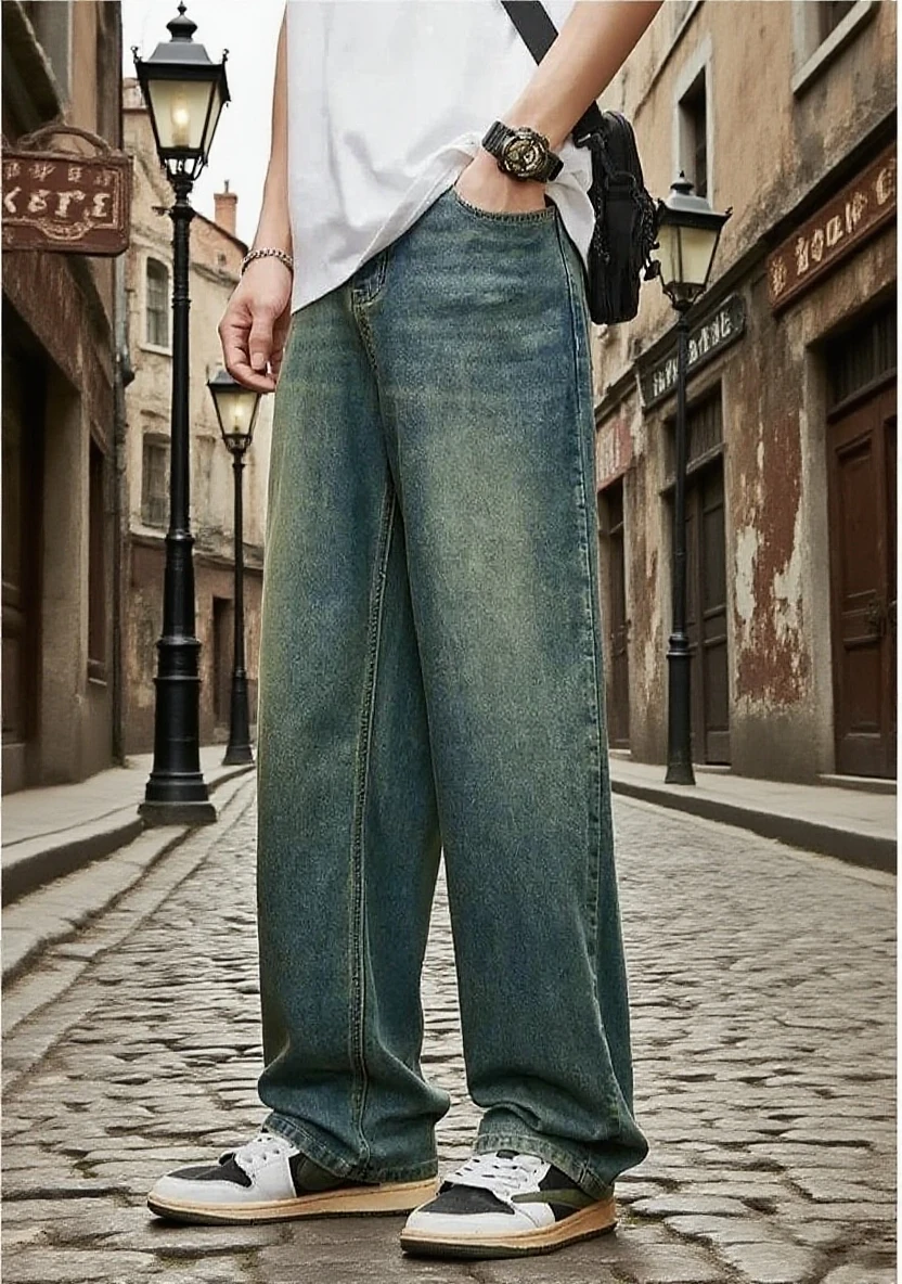 

Весенне-осенние новые мужские прямые винтажные джинсы, повседневные брюки высокого качества, мужские корейские модные мешковатые широкие джинсовые брюки