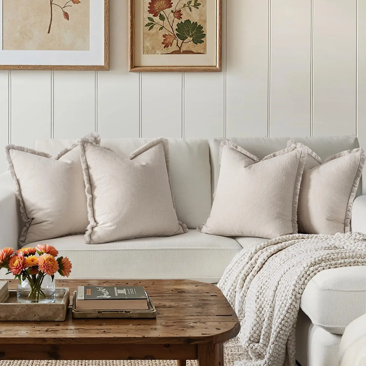 Decorative Couch Pillow Covers Neutral Beige Linen Fringe Throw Pillows Boho Cushion Covers Soft Accent Pillowcases for Bed