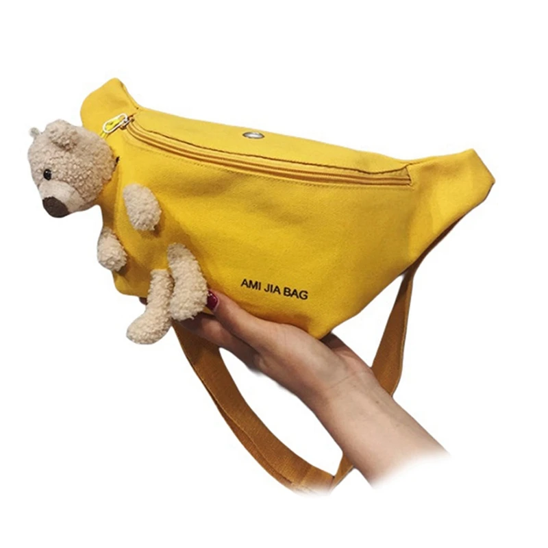 Crossbody Canvas Chest Bag Trendy Cute Bear Waist Bag Student All-Match Crossbody Bag