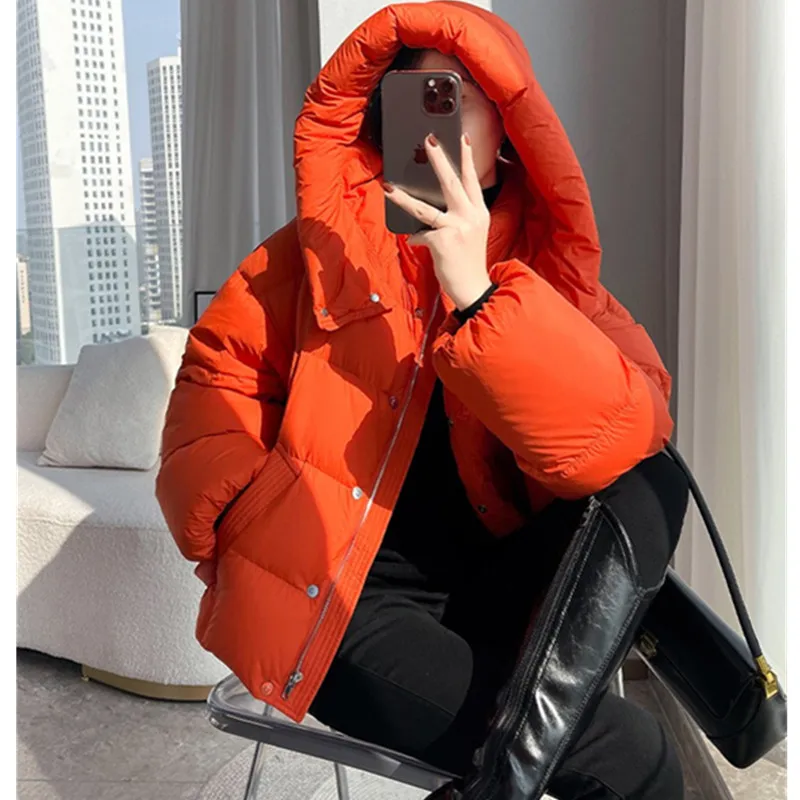 Orange Hooded Thick Down Jacket Women's 2025 Winter New Korean 90 White duck down Warm Coat Female Loose Short Casual Outwear