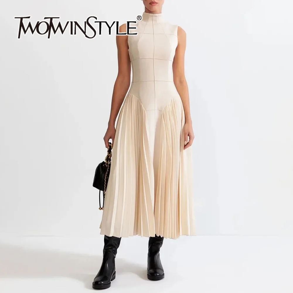 TWOTWINSTYLE Solid Temperament Patchwork Pleated Dress For Women Stand Collar Long Sleeve High Waist Slimming Dresses Female New