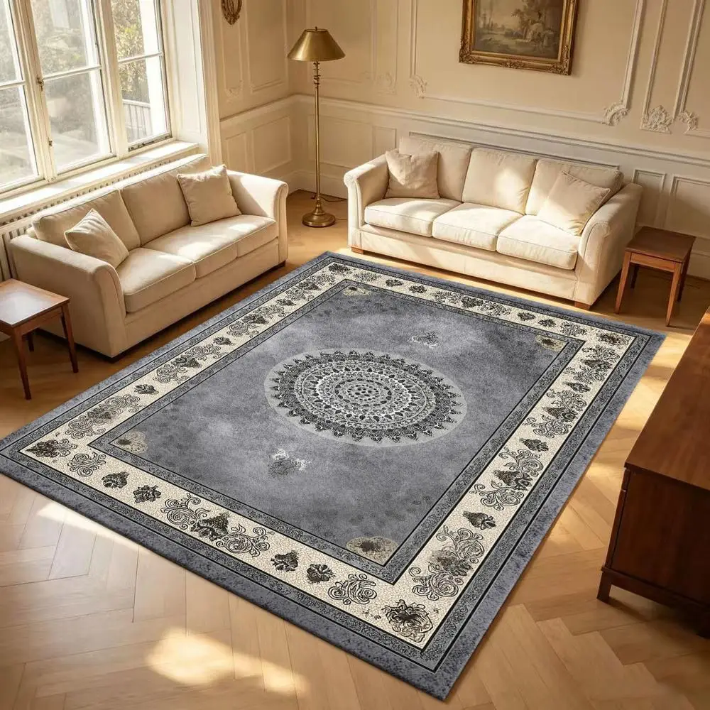 Vintage Medallion Carpet Flooring, Gray Oriental Ornate Border Area Rug for Home Decor