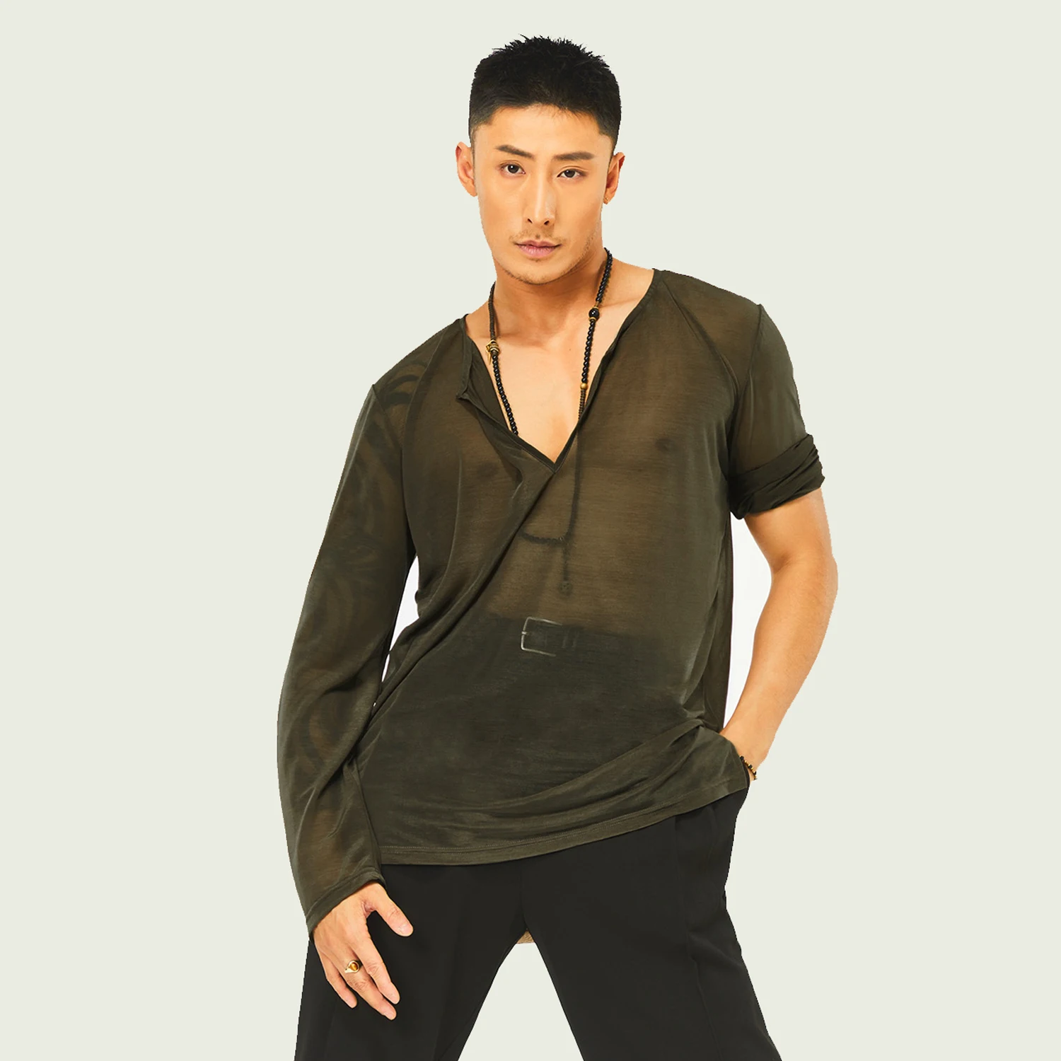 New Latin Dance Practice V-neck Mesh Shirt Men Modern Dance Top Adult Latin Chacha Dance Long Sleeve Practice Suit DQL9785