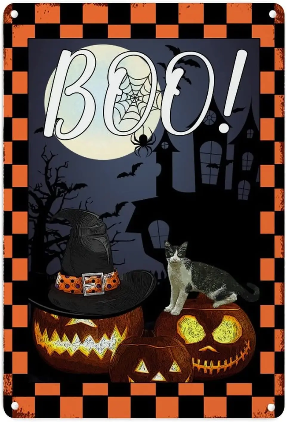 Checkerboard Buffalo Halloween Night Cat Metal Wall Sign Halloween Creepy House Boo French Vintage Retro Metal Signs Spooky