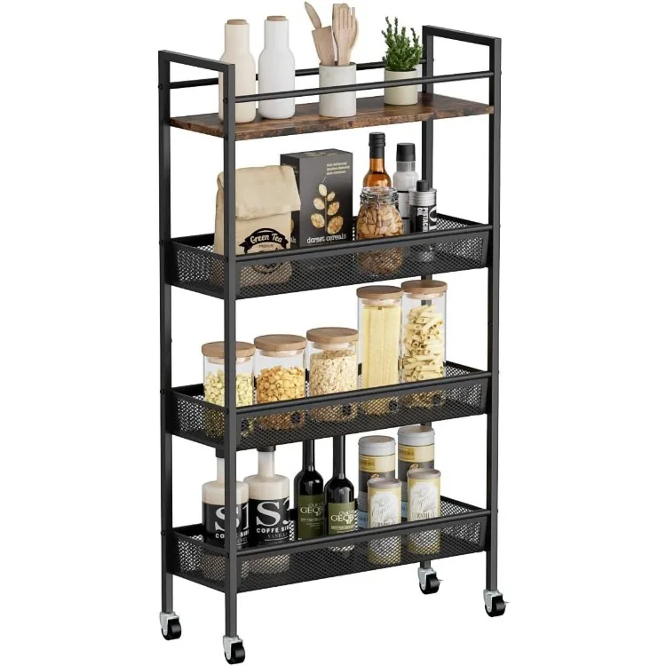 Slim Kitchen Storage Cart, 4-Tier 5.9 in Wide Kitchen Slim Rolling Cart, Narrow Metal Kitchen Cart with Handle and Wood