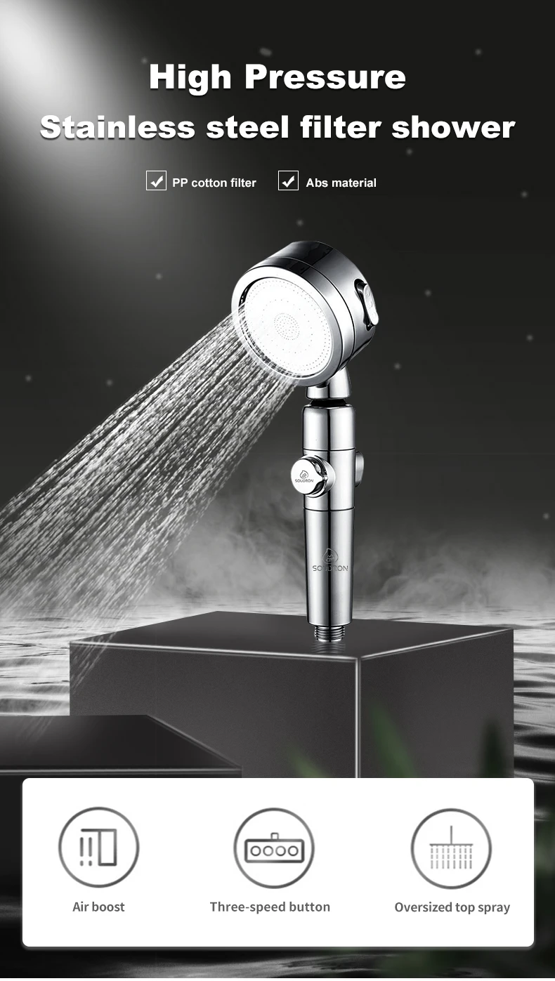 رأس دش محمول باليد بثلاث سرعات، رأس دش عالي الضغط موفر للمياه بنقرة واحدة، دش بالرش