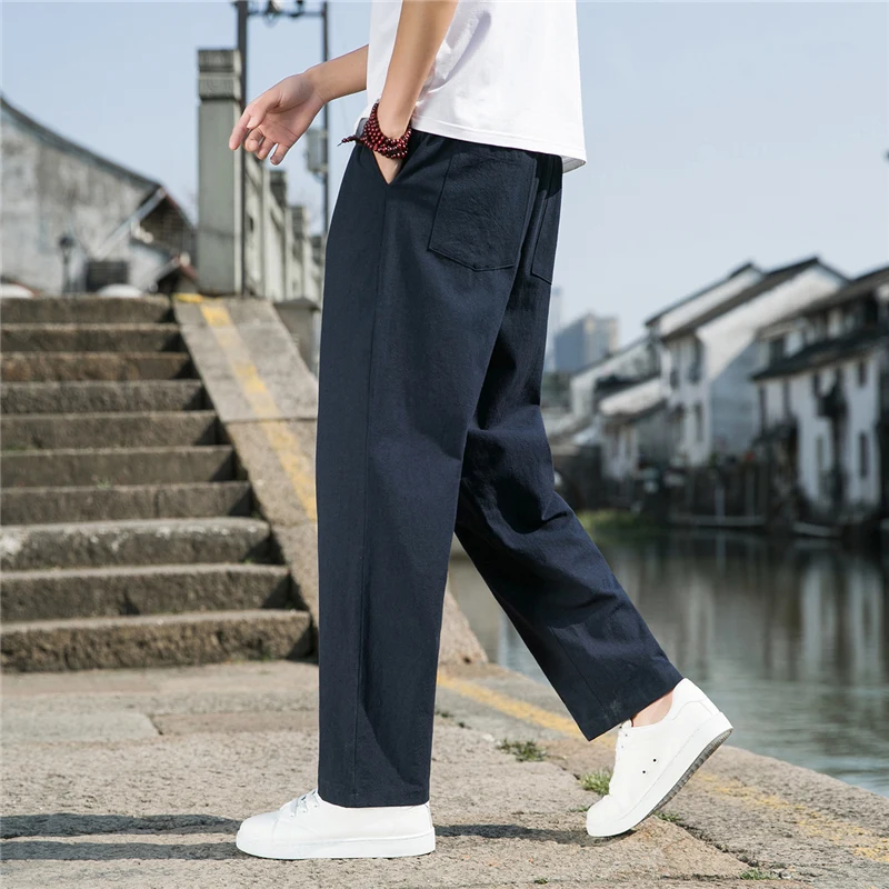 

Summer Thin Cotton Linen Men's Casual Pants Tapered Sports Long Trousers Trendy Brand Youthful Sle Straight Leg Workwear