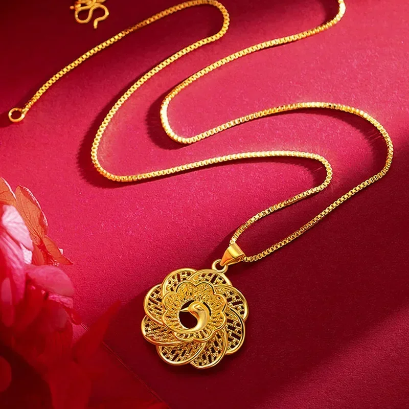 

9999 Real Gold 24K Yellow Gold Vintage Peacock Necklace Collarbone Necklace Pendant for Girlfriend Birthday Gift