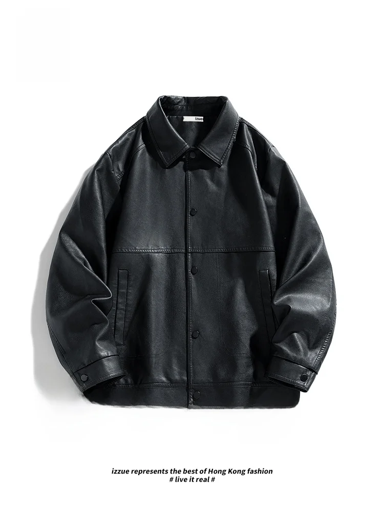 

Izzue, мужское пальто в американском стиле ретро с ветрозащитным воротником, весенне-осеннее кожаное пальто, повседневное прямой крой из смеси хлопка
