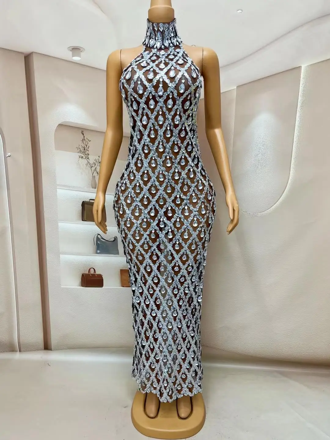 Vestido longo sem mangas com strass brilhantes, vestido elegante, festa de aniversário e celebração do casamento, baile e fotografia desgaste, Shaokaojia