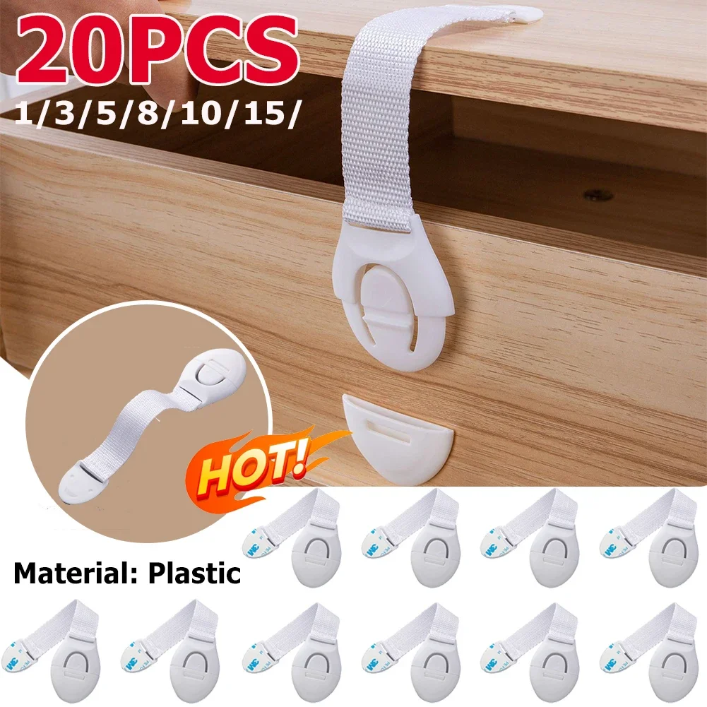 1-20PCS Child Safety Strap Locks No Drilling Drawer Lock Adhesive Plastic Protection Kids Safety Door Lock For Cabinets Drawers