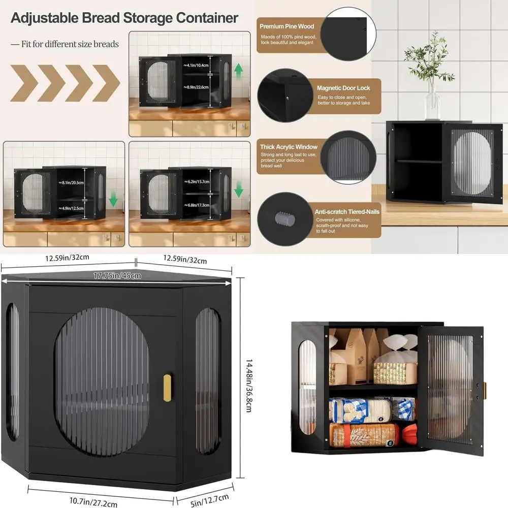 

Vintage Large Capacity Solid Wood Bread Box with Double Layers and Acrylic Window, Black Kitchen Organizer