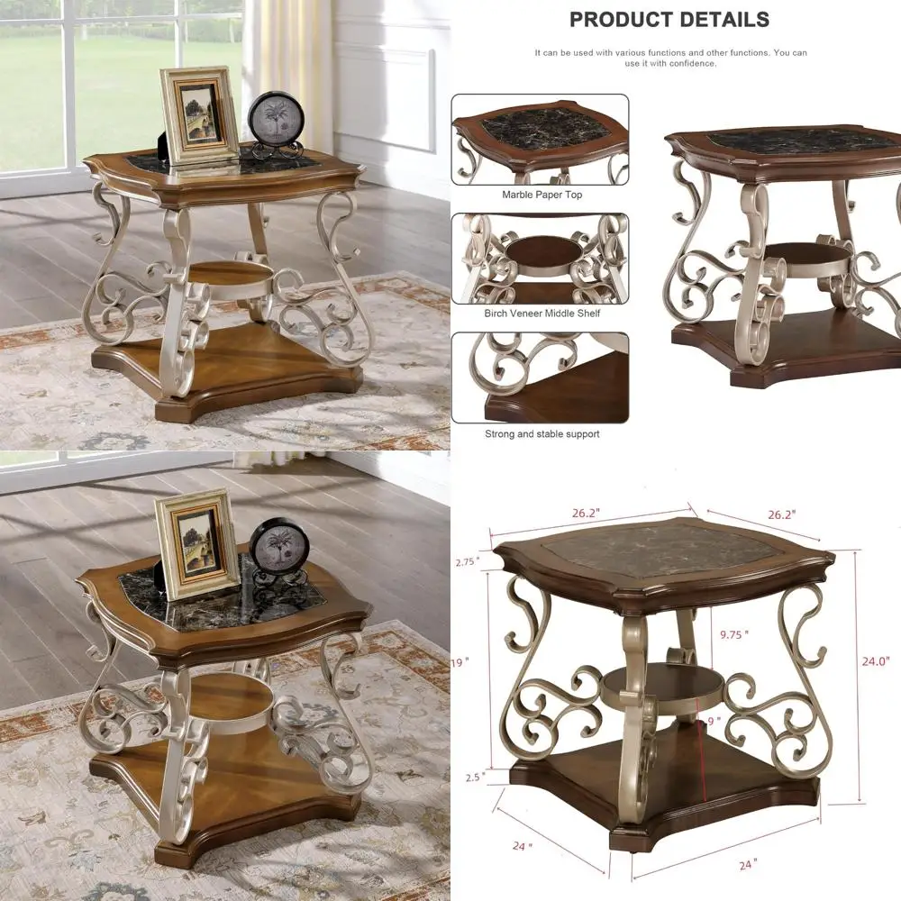 Large 26.2 Two-Tier Square Marble Top Coffee Table with Birch Shelf and Metal Legs for Bedroom Storage.