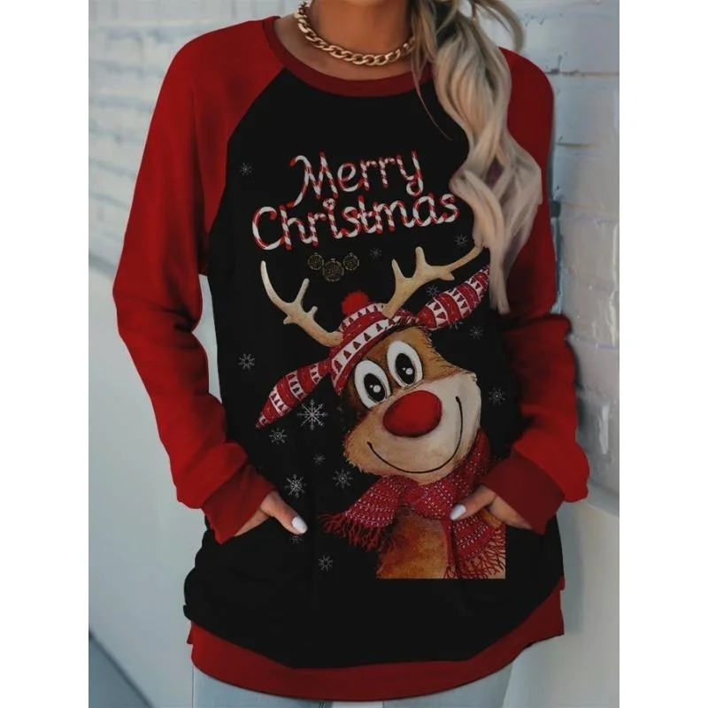 New Fashionable Hot Selling Plus Size Women's Christmas Print Colour Blocking Comfortable Sweatshirt with Pockets