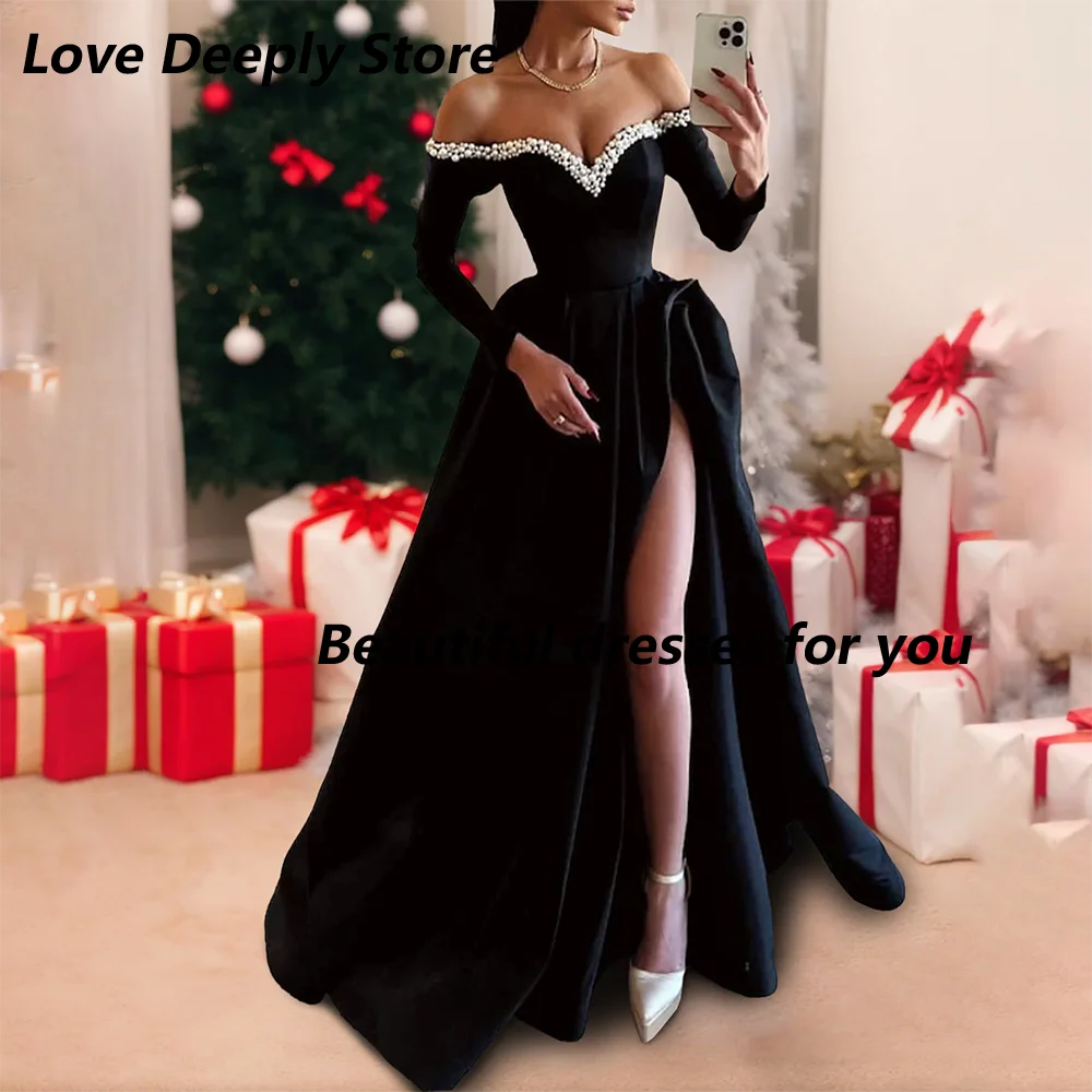 

Black Long Prom Dress for Woman Sexy High Side Slit A-Line Prom Gown Long Sleeve Pearls Off The Shoulder Party Dress Customized