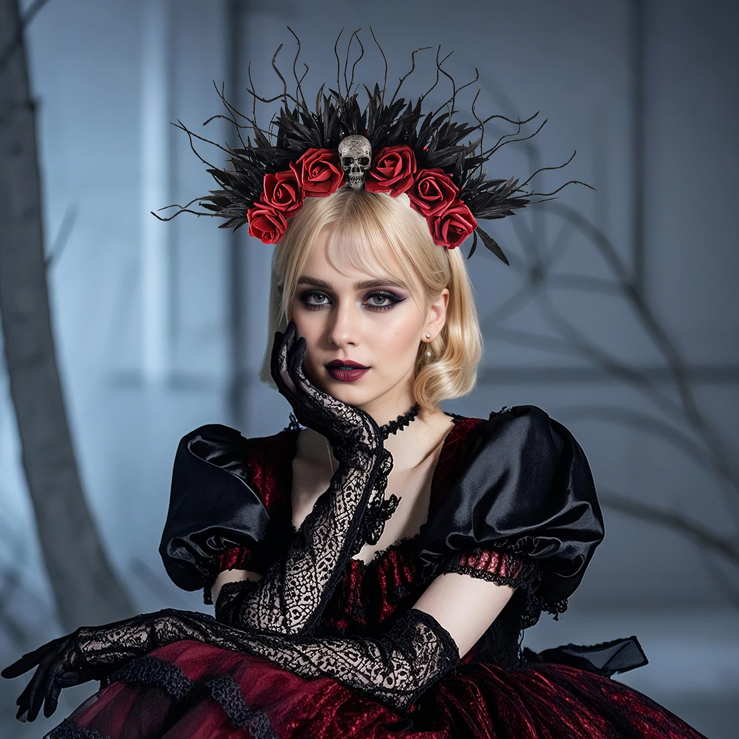 Accessorio per capelli con copricapo con teschio gotico per spettacoli di festival in maschera di Halloween Dettaglio costume di vendita caldo