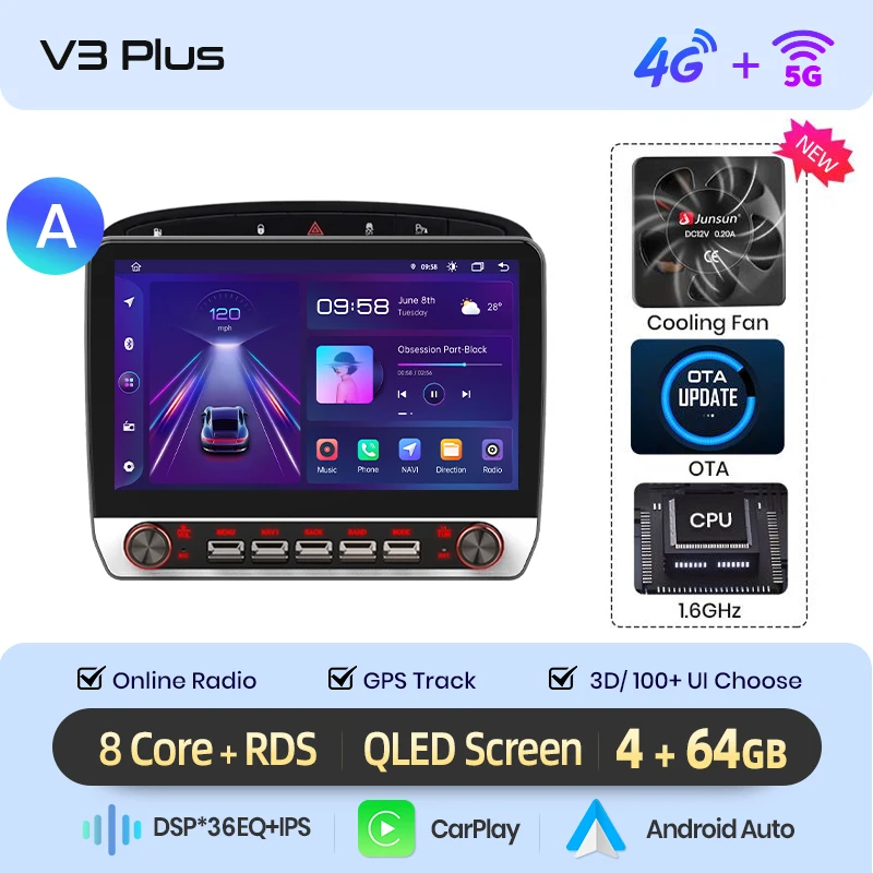 Junsun 13.1″ QLED Draadloze CarPlay Android Auto Autoradio Voor Peugeot 408 308 SW 2012-2020 Intelligente Systemen DSP SWC RDS GPS