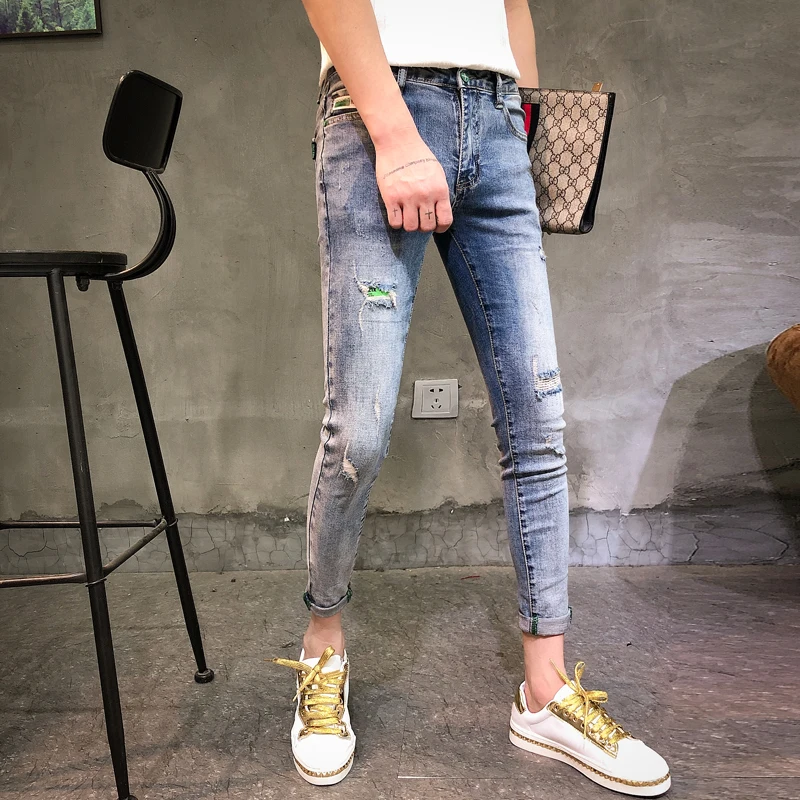 

Men's Summer Distressed Nine-Piece Slim Fit Jeans Casual Versatile Fashionable Korean Style Long Pants Mid-Low Waist Zipper