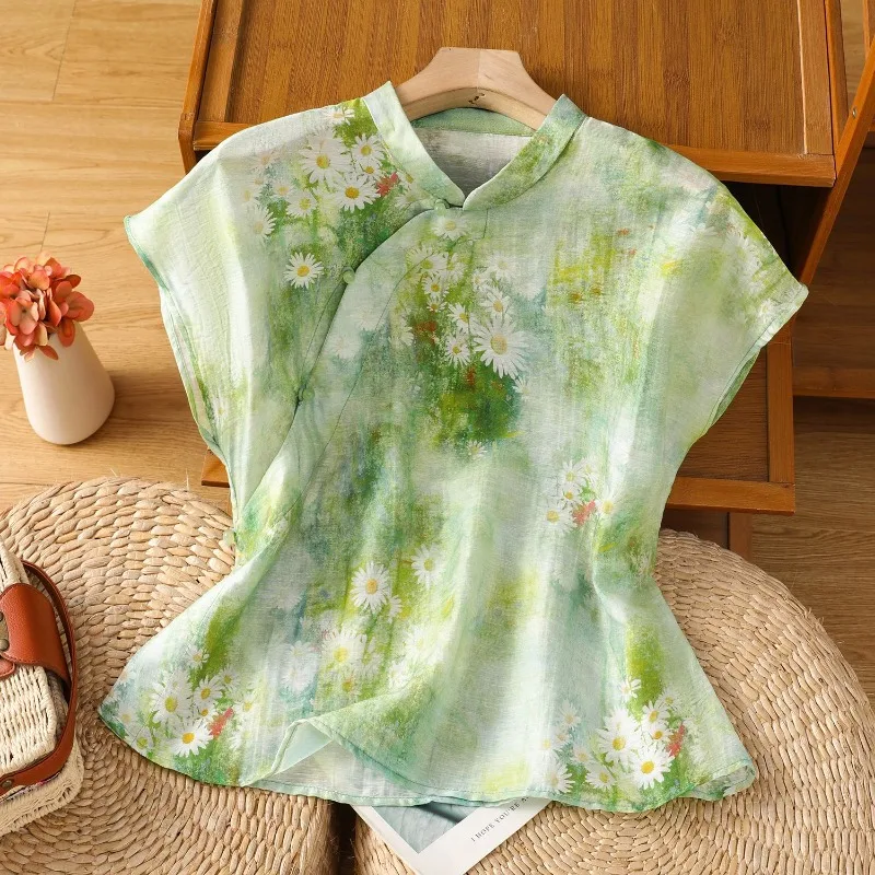 Women's Chinese Style Daisy Print Cotton Linen Blouse Manin Collar Diagonal Placket Cheongsam Inspired Top
