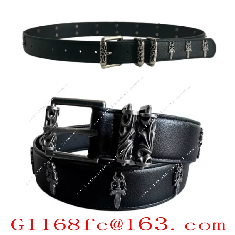 Black Holy Sword Waist Belt with Carved Needle Buckle for Couples, Roller Motorcycle Style Pants Belt
