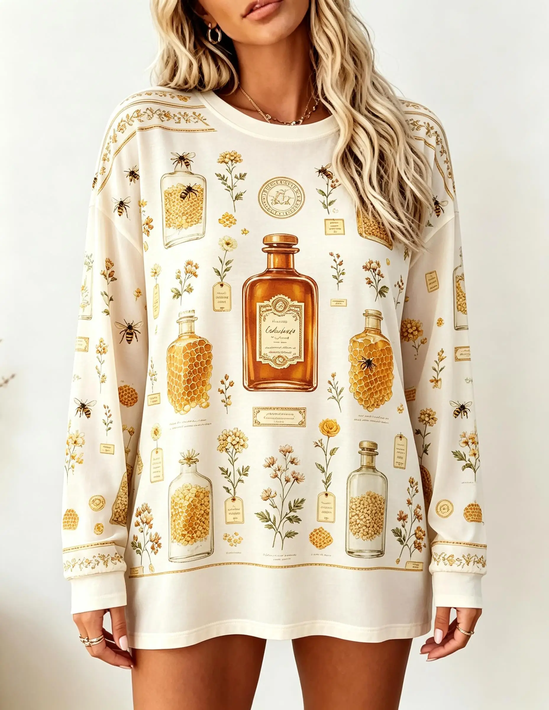 Women Long Sleeve T‑Shirt Vintage Strawberry Berry Glass Jar Botanical Fruit Print Crew Neck Casual Tops