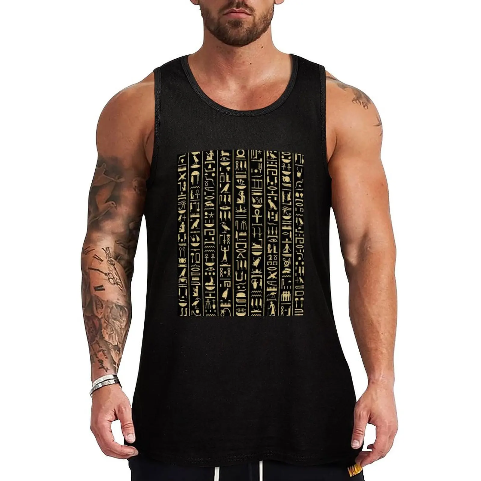 

Black & Gold Hieroglyphics Tank Top mens designer clothes man vest Men's sleeveless gym shirts Vests