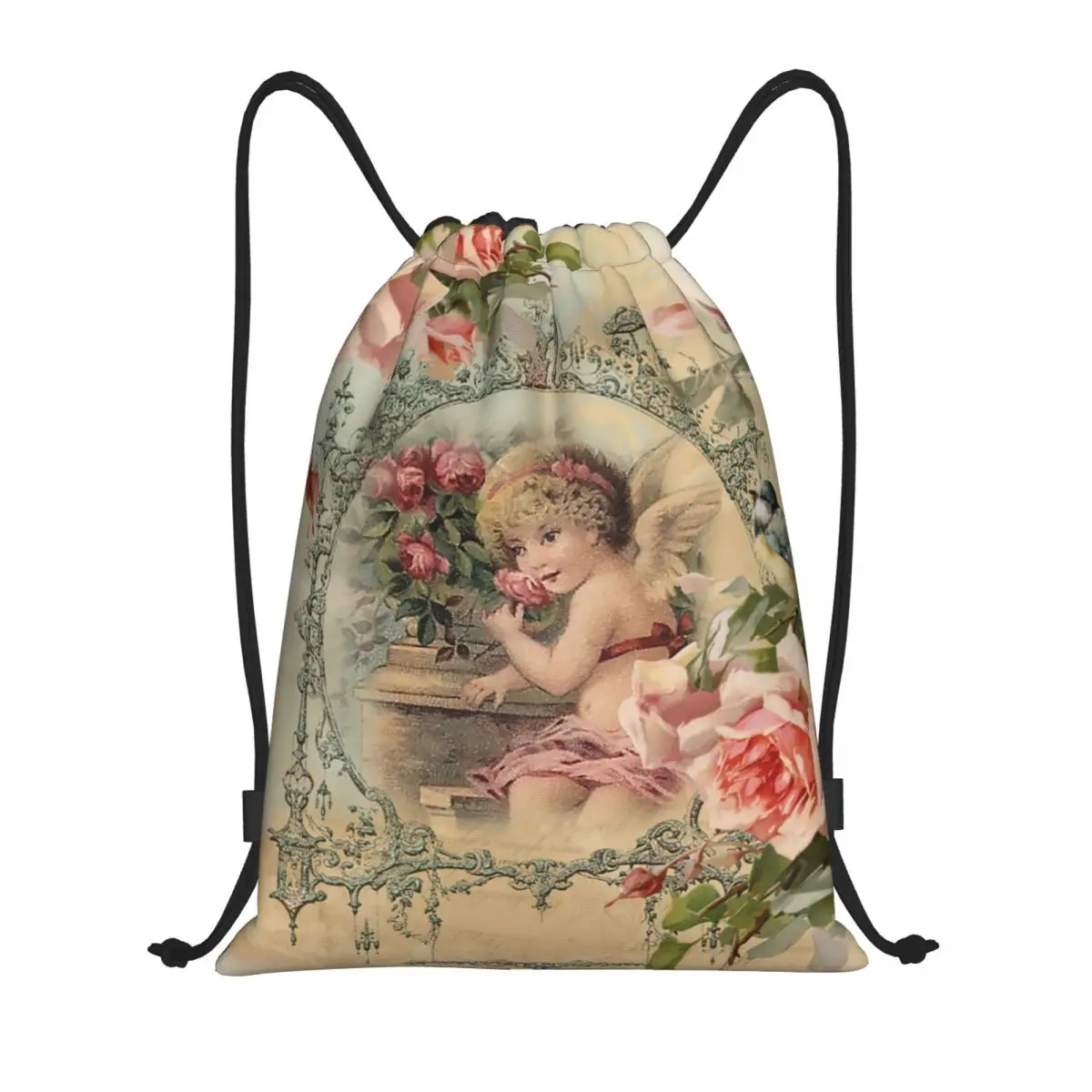 Custom Victorian Angel Print And Pink Vintage Roses Drawstring Bags for Training Yoga Backpacks Women Men Sports Gym Sackpack