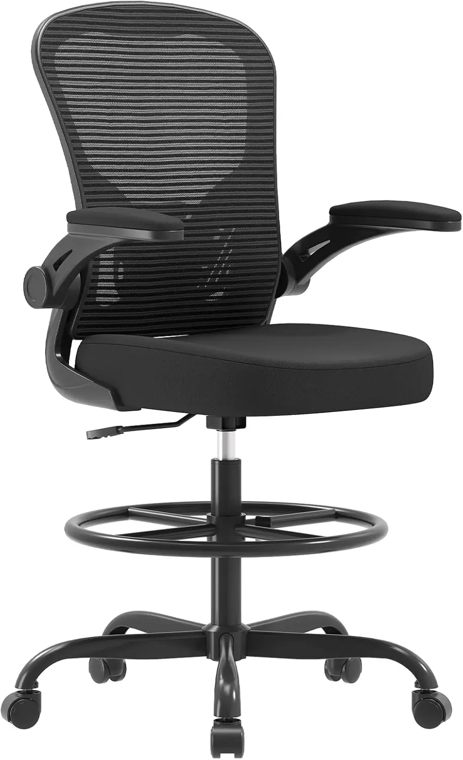 

Ergonomic Drafting Chair, Tall Office Chair with Flip-up Armrests, Breathable Mesh High Desk Chair with Lumbar Support, Adjustable Footrest Ring for Standing Desk Black