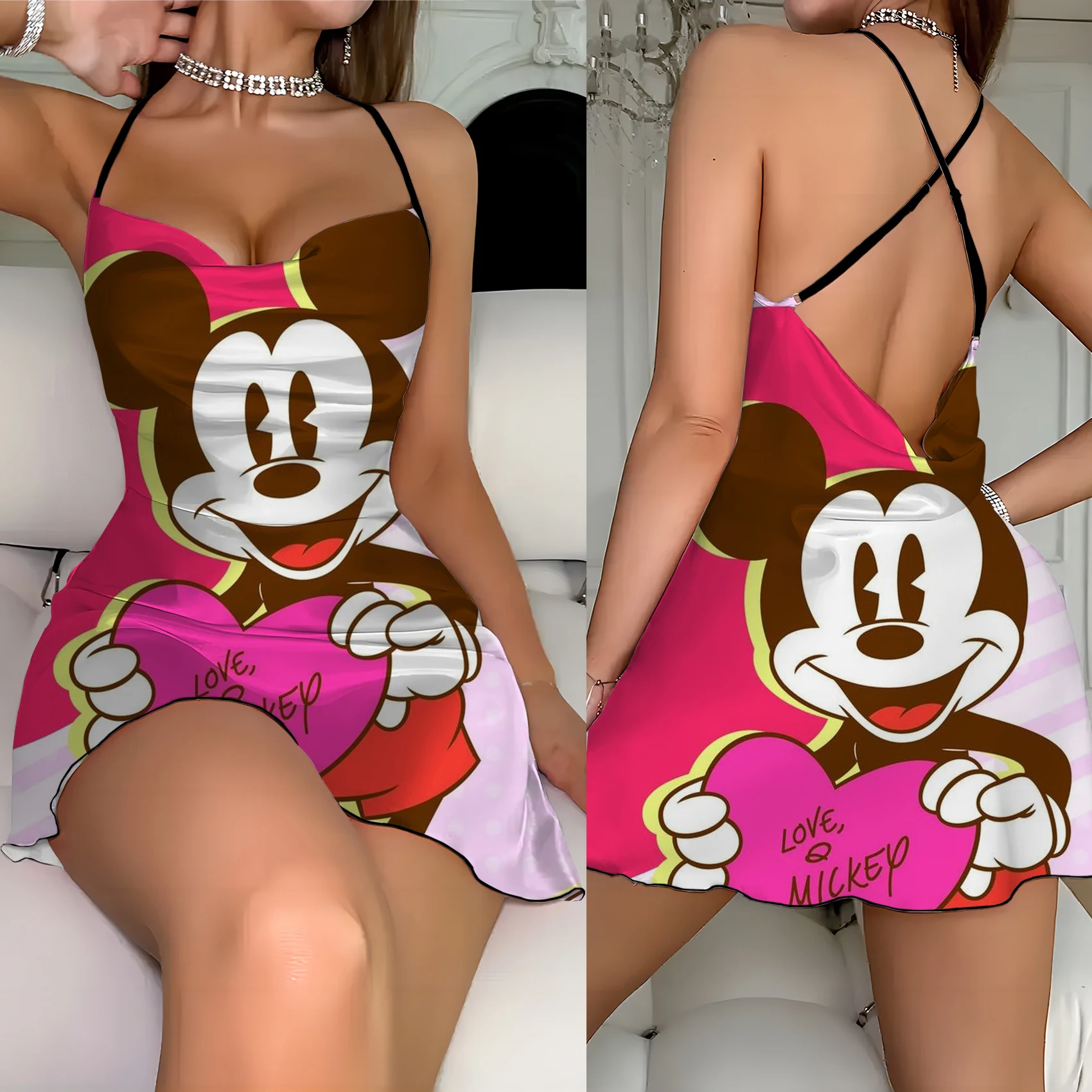 Crew Neck Home Dress Elegant Dresses for Women Disney Mickey Lettuce Trim Minnie Mouse Fashion Summer 2024 Backless Neck Disney