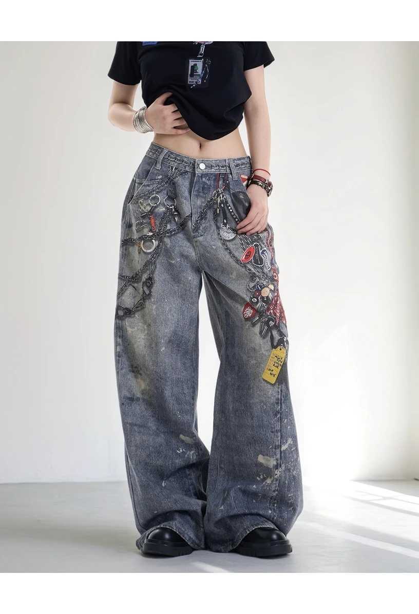 Chic moda pintada feminina 3d correntes impressas jeans americano retro cintura alta casual calças jeans feminino na moda estilo de rua