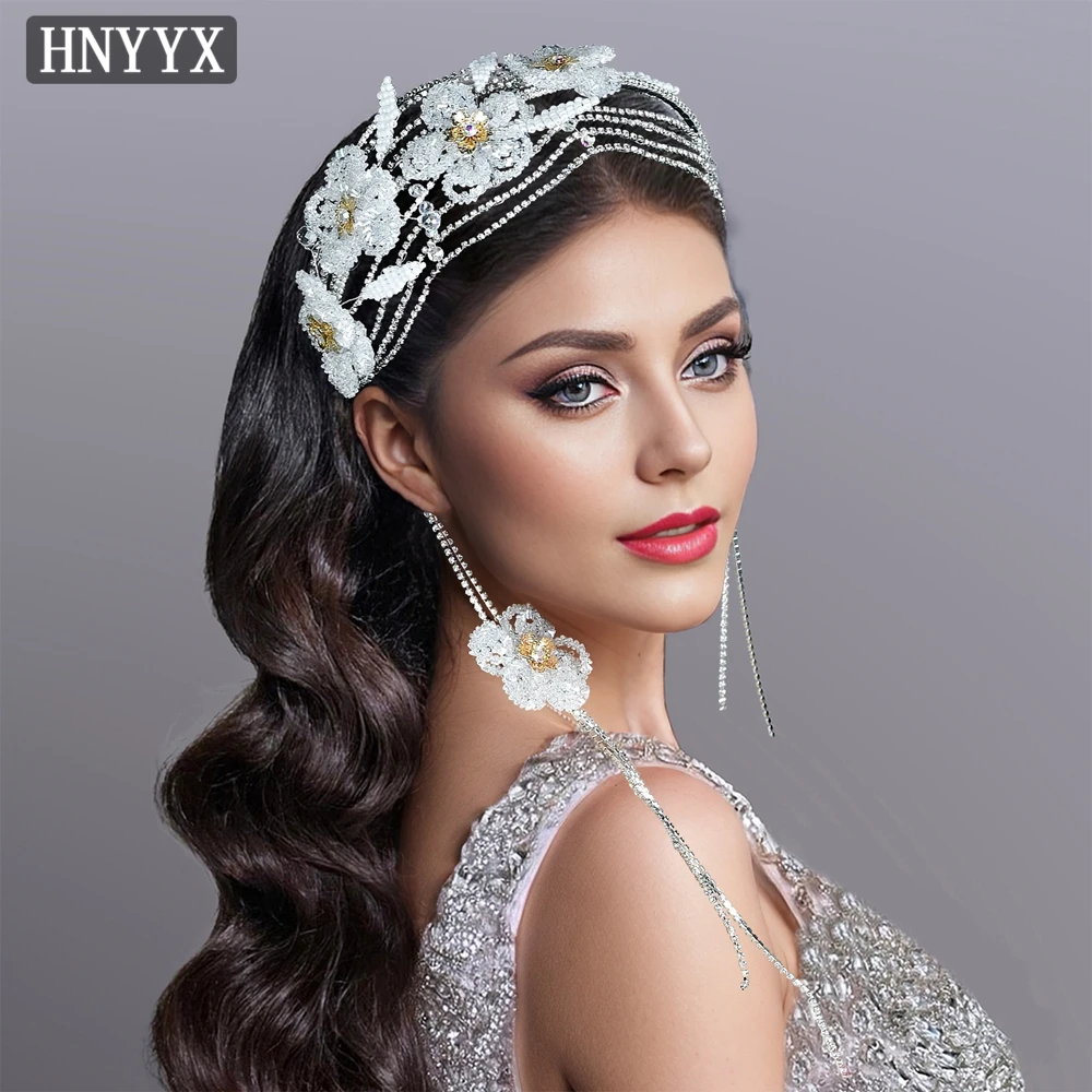 HNYYX Luxury Rhinestone Hair Accessories Crystal Beaded Flower Headband Vintage Wide Hair Hoop Hairwear Bridal Headdress A101