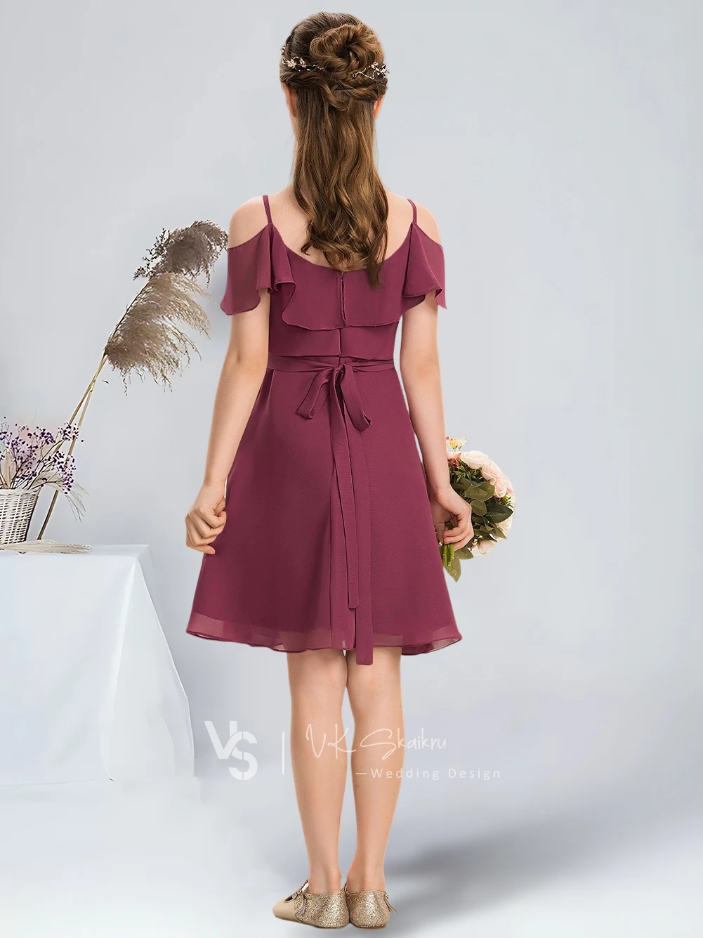 A-line Cold Shoulder Knee-Length Chiffon Junior Bridesmaid Dress With Bow Cascading Ruffles Mulberry Flower Girl Dress Wedding