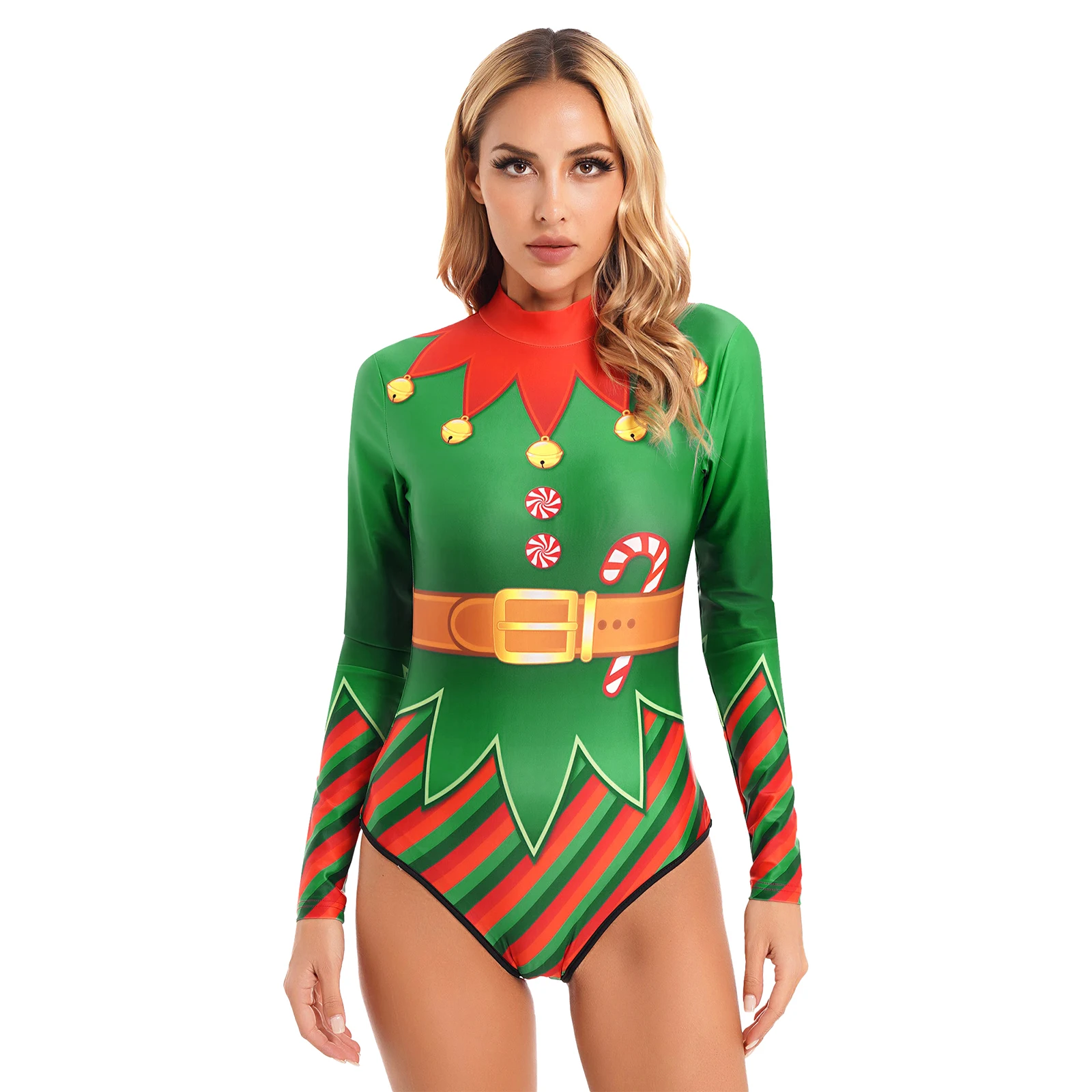 Women Christmas Vivid 3D Print Bodysuit Long Sleeves Printing Christmas Tree Jumpsuit for Swimwear Role Play Party Costumes