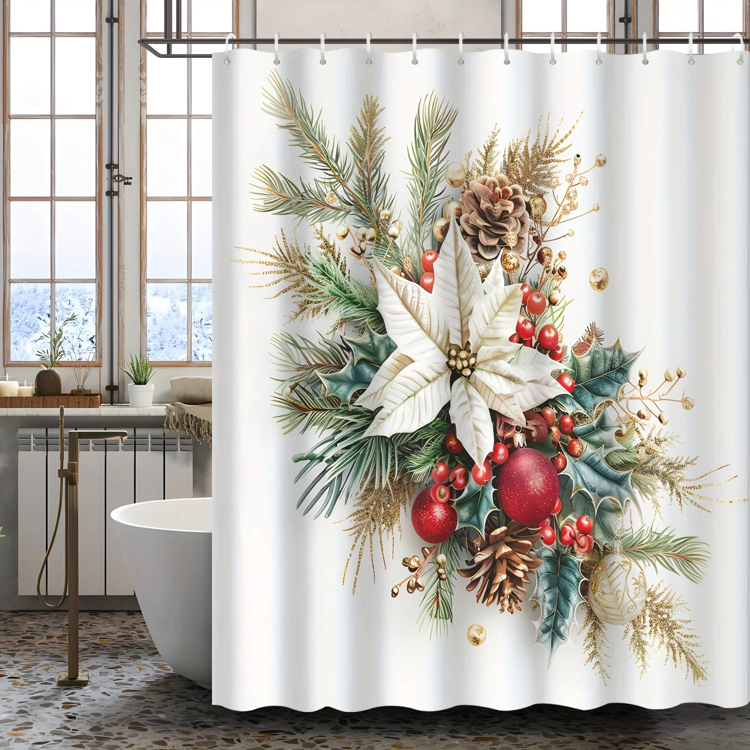 Christmas Floral Polyester Bath Curtain with Vintage Watercolor Pine Needles, Red Berries, Pine Branches & Cones Design
