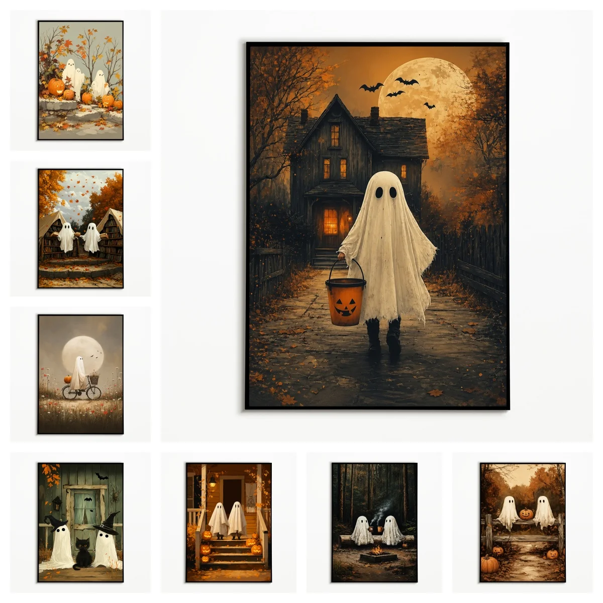 1PC Vintage Ghost Halloween Poster Autumn Night Scenery Horror Wall Art Minimalist Pumpkin Canvas Printing Festival Fall Gift