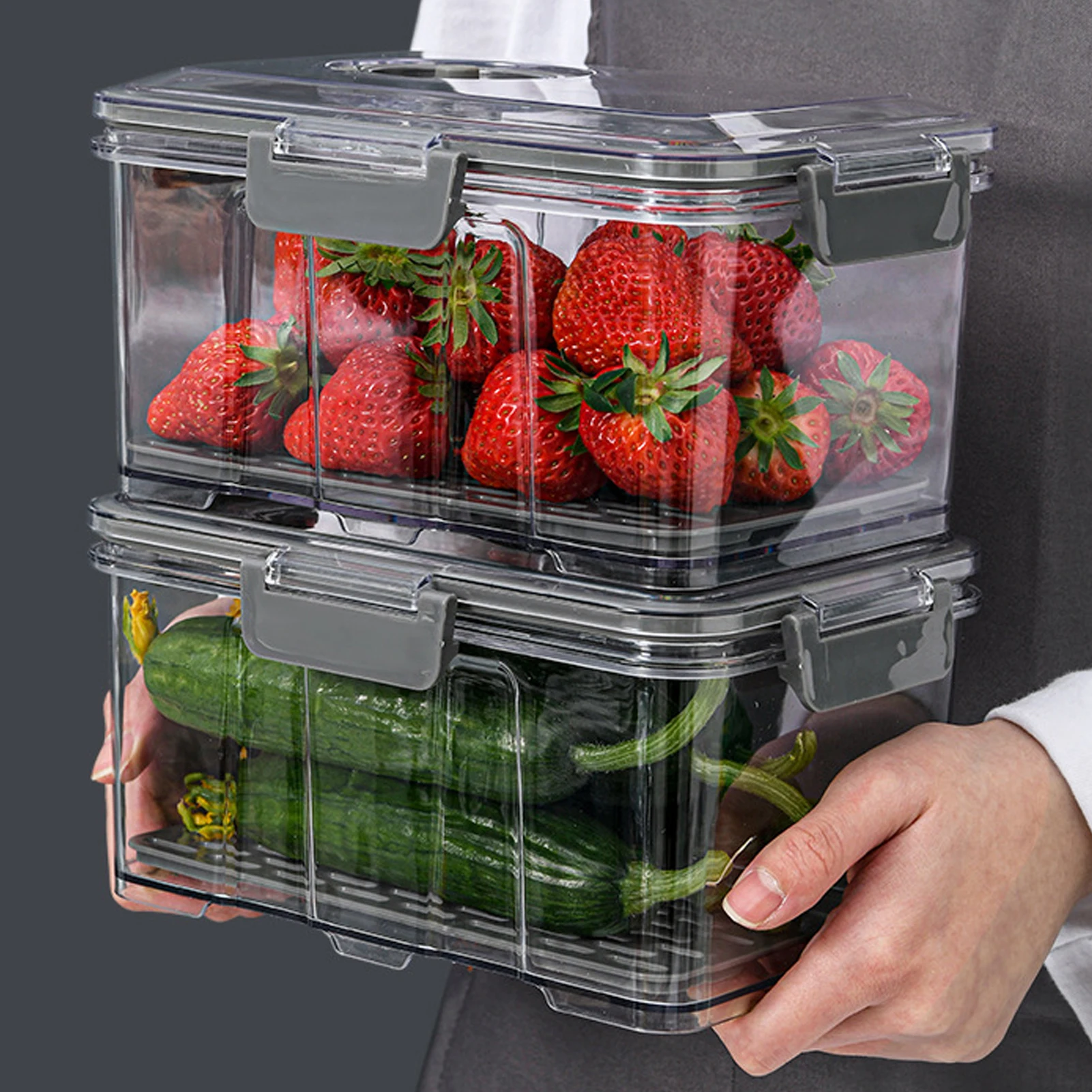 Vacuum Food Storage Container Transparent Fridge Organizer with Drain Net Large Capacity Food Dispenser for Kitchen Storage Box