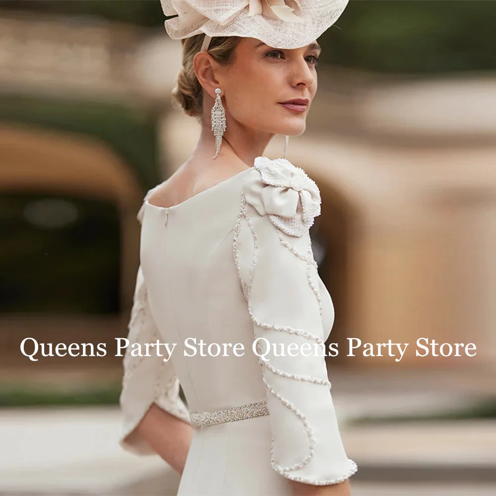 Sheath Mother of The Bride Dress V Neck 3/4 Sleeves Beading Pearls Belt Tea Length Wedding Guest Gown Banquet Party Dresses