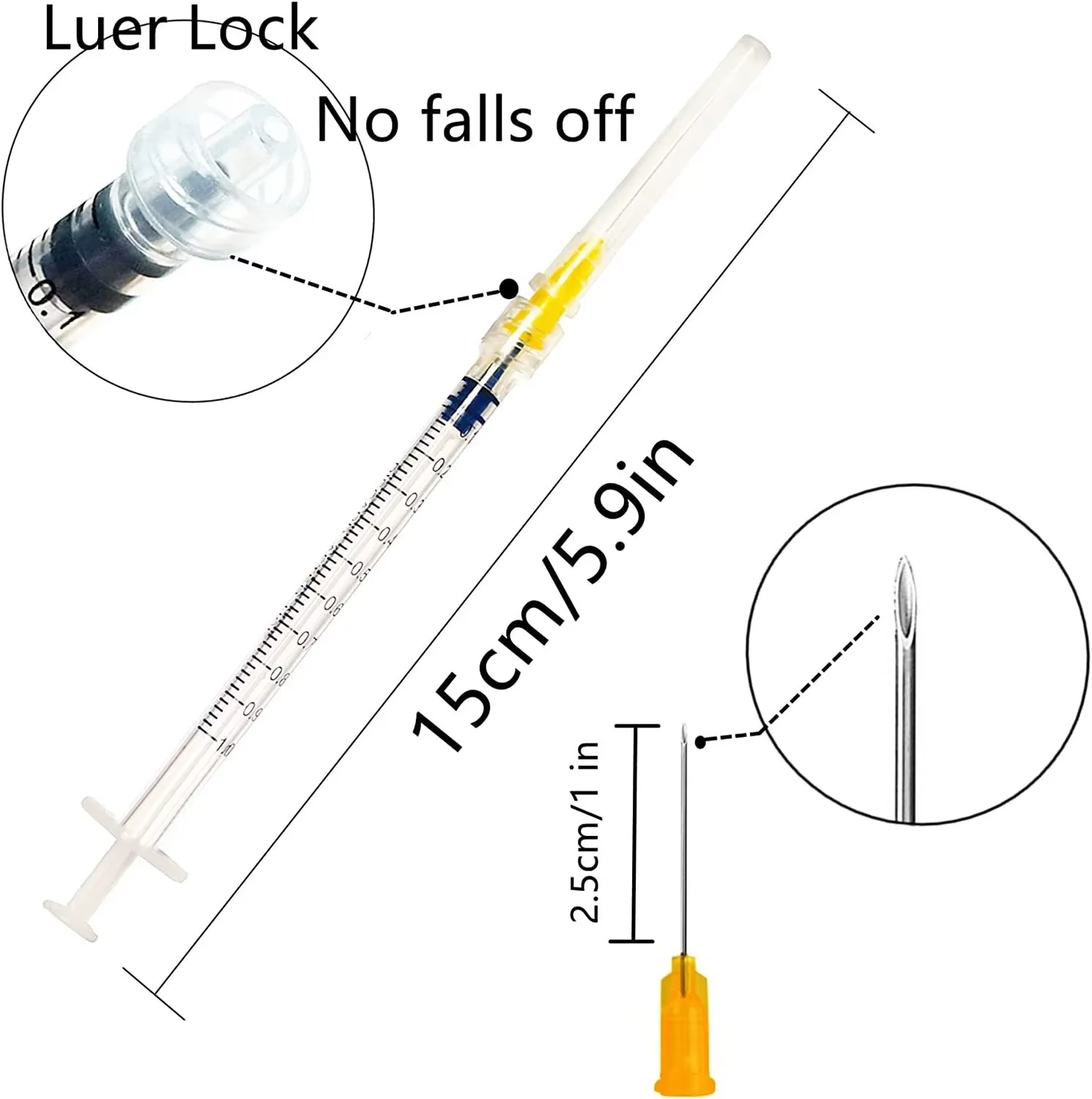 1-Inch (About 2.5 cm) Syringes With Needles, 30 Pieces Per Pack, 1ml Disposable Syringes With Needles, Individually Packaged