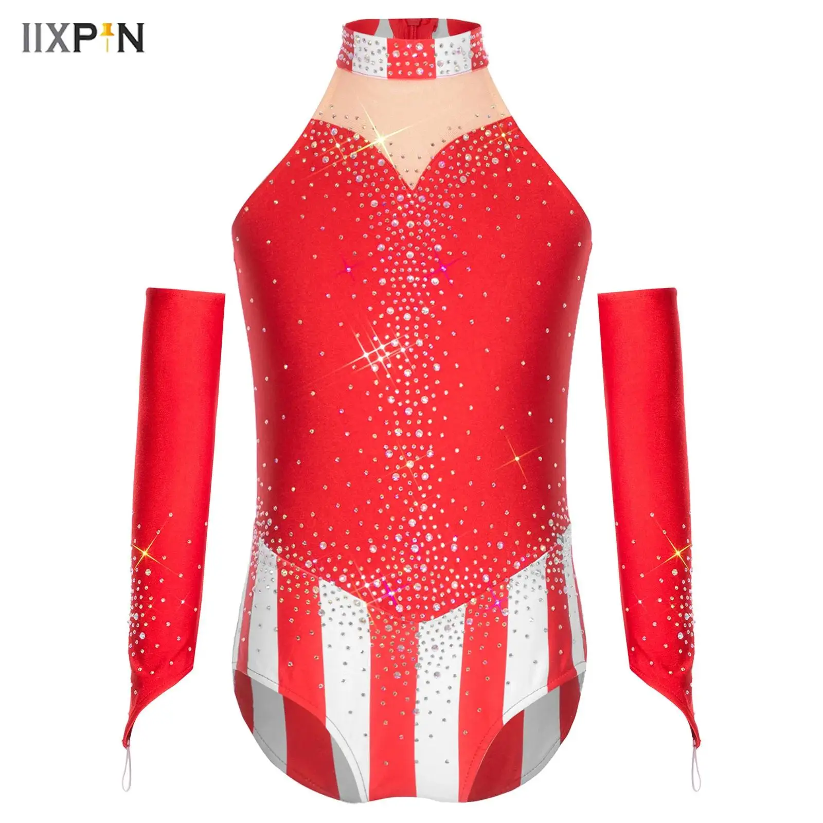 

Детский цирковой купальник для девочек, 2 шт., блестящий комбинезон без рукавов со стразами и нарукавники для рождественского карнавала, вечеринок на Хэллоуин