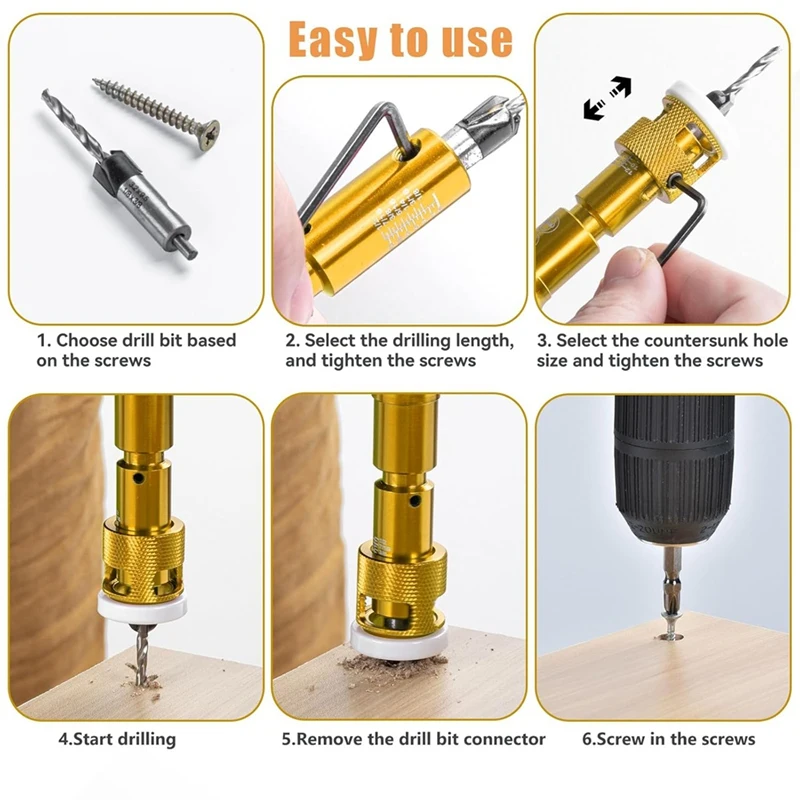 5Pcs Countersink Drill Bit Set With 1/4In Release Hexshank,Adjustable Woodworking Drill Bit Set For Carpentry Screw Hole