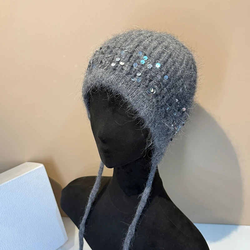 

Hat Earflap Sequins Women Winter Angora Knit Beanie Warm Accessory For Cold Weather Autumn Outdoor Skiing Holiday