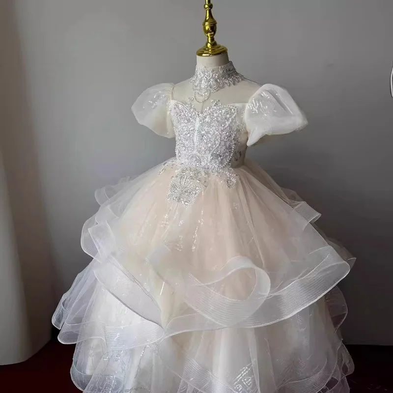 

Girls' High-End Formal Dress Birthday Flower Girl Princess Dress Little Girl Host White Tulle Children's Piano Performance Dress