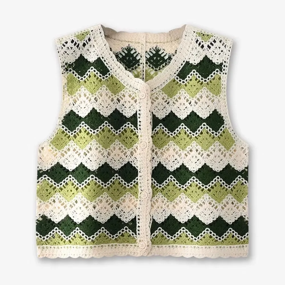 Argyle Crochet Vest 여성 민소매 버튼 다운 오픈 니트 양복 조끼 탑 Boho Teen-girl 봄 여름 해변 복장