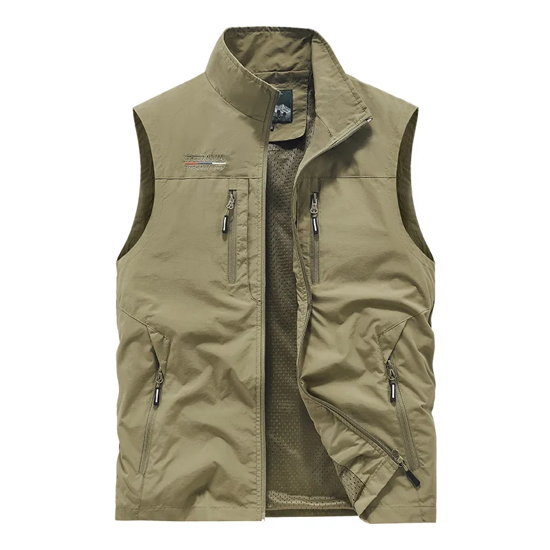 Spring Autumn Multi Pocket Vest Man 6XL large size Stand Collar Work Vest Outdoor Casual Photography Fishing Waistcoats For Man