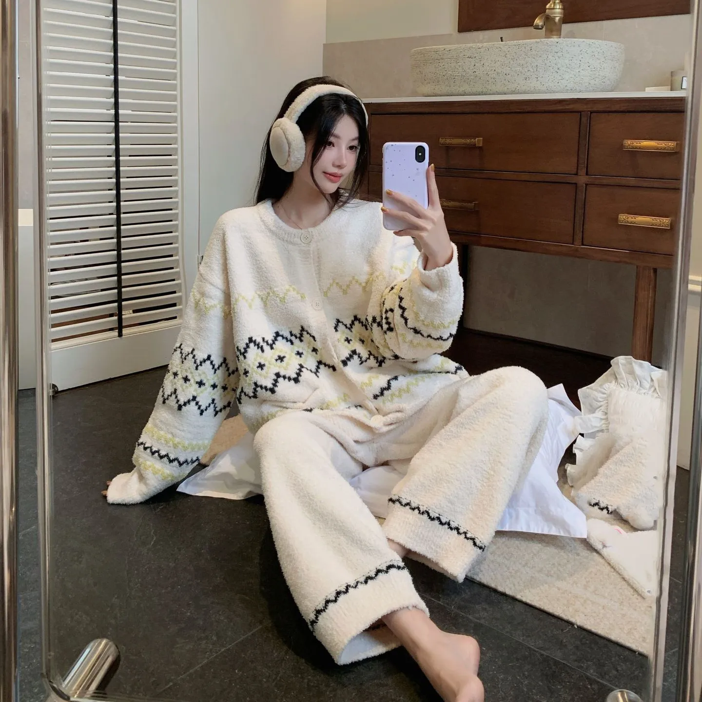 Flannel Sleepwear for Women Autumn and Winter Thick Plush Warm Suit Sweet Girl's Home Cardigan Two Piece Sets