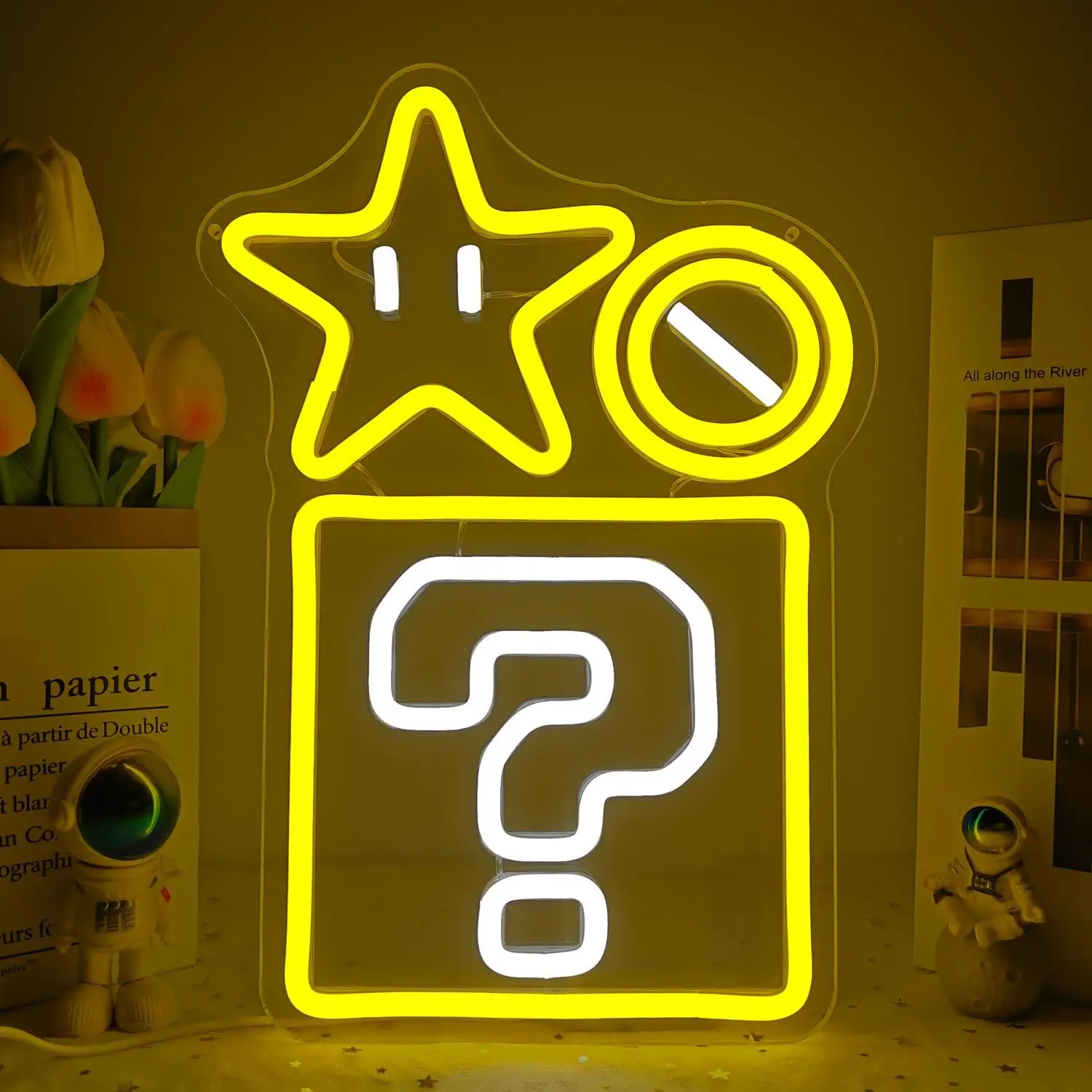 

Question Block Star Neon Sign USB Powered LED Dimmable Neon Lights for Game Room Kids Bedroom Wall Decor Art Sign Night Light